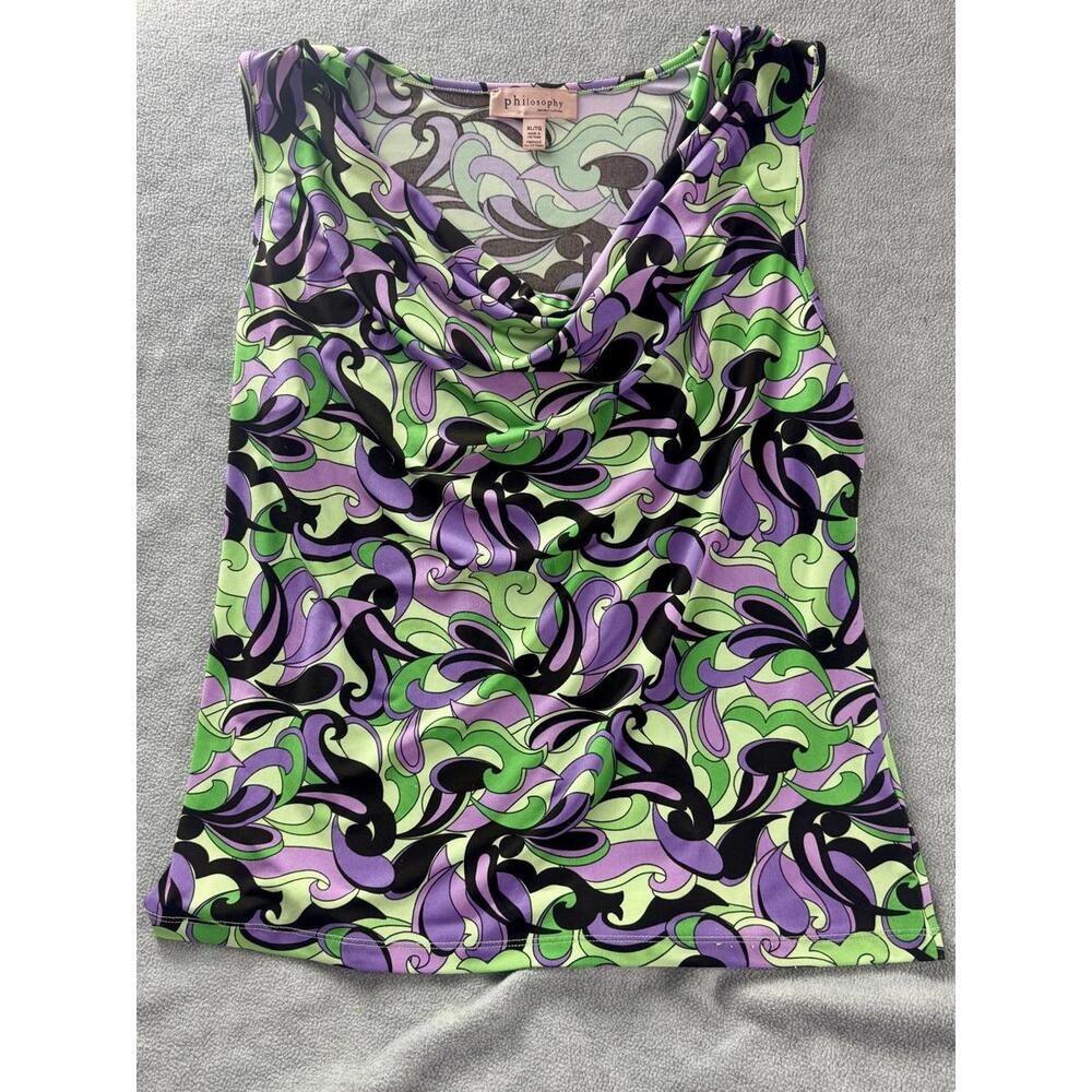 philosophy cowl neck‎ top purple green abstract swirl y2k retro xl